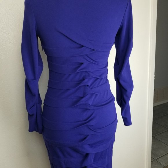 Nicole Miller Studio One Mock Neck Pleated Fitted Dress Blue Small - Picture 10 of 16